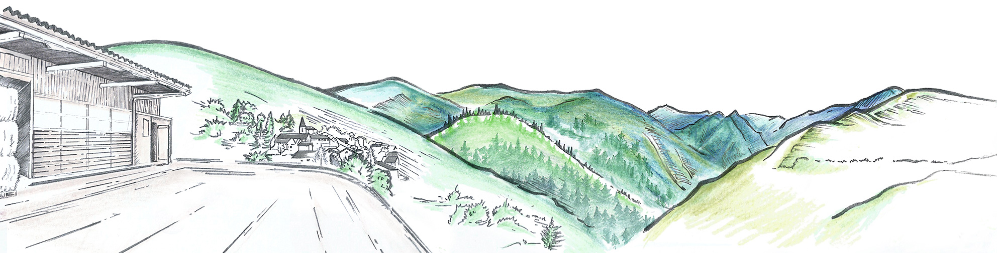 Illustration de la ferme et chaîne de montagnes